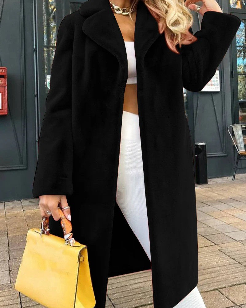 Belted Faux Fur Longline Lapel Coat - Black