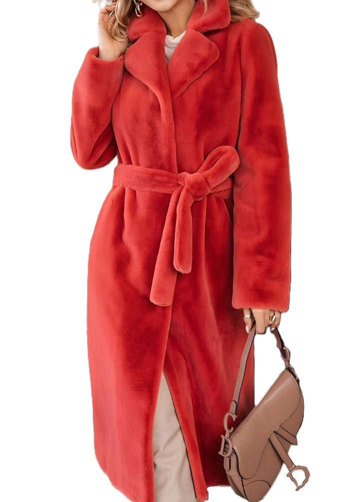 Belted Faux Fur Longline Lapel Coat - Red - 1