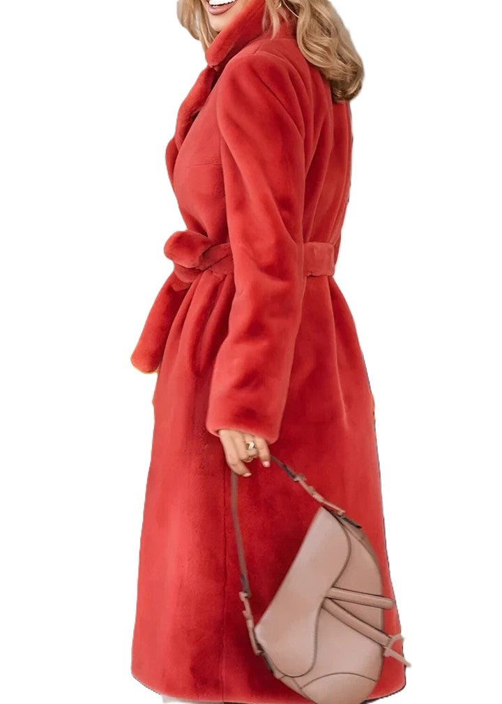 Belted Faux Fur Longline Lapel Coat - Red - 2