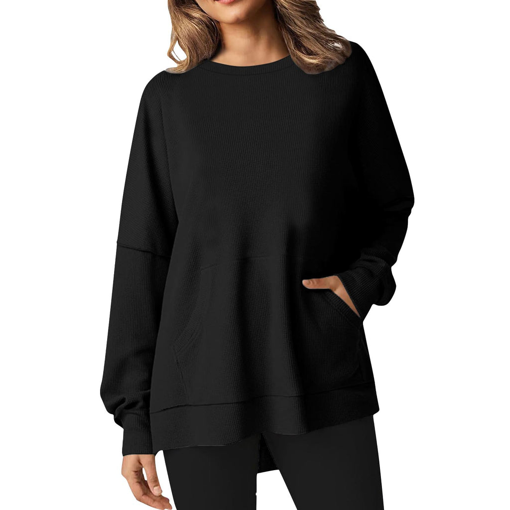 Longline Crewneck Sweatshirt With Slant Pockets - Black