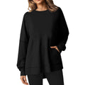 Longline Crewneck Sweatshirt With Slant Pockets - Black