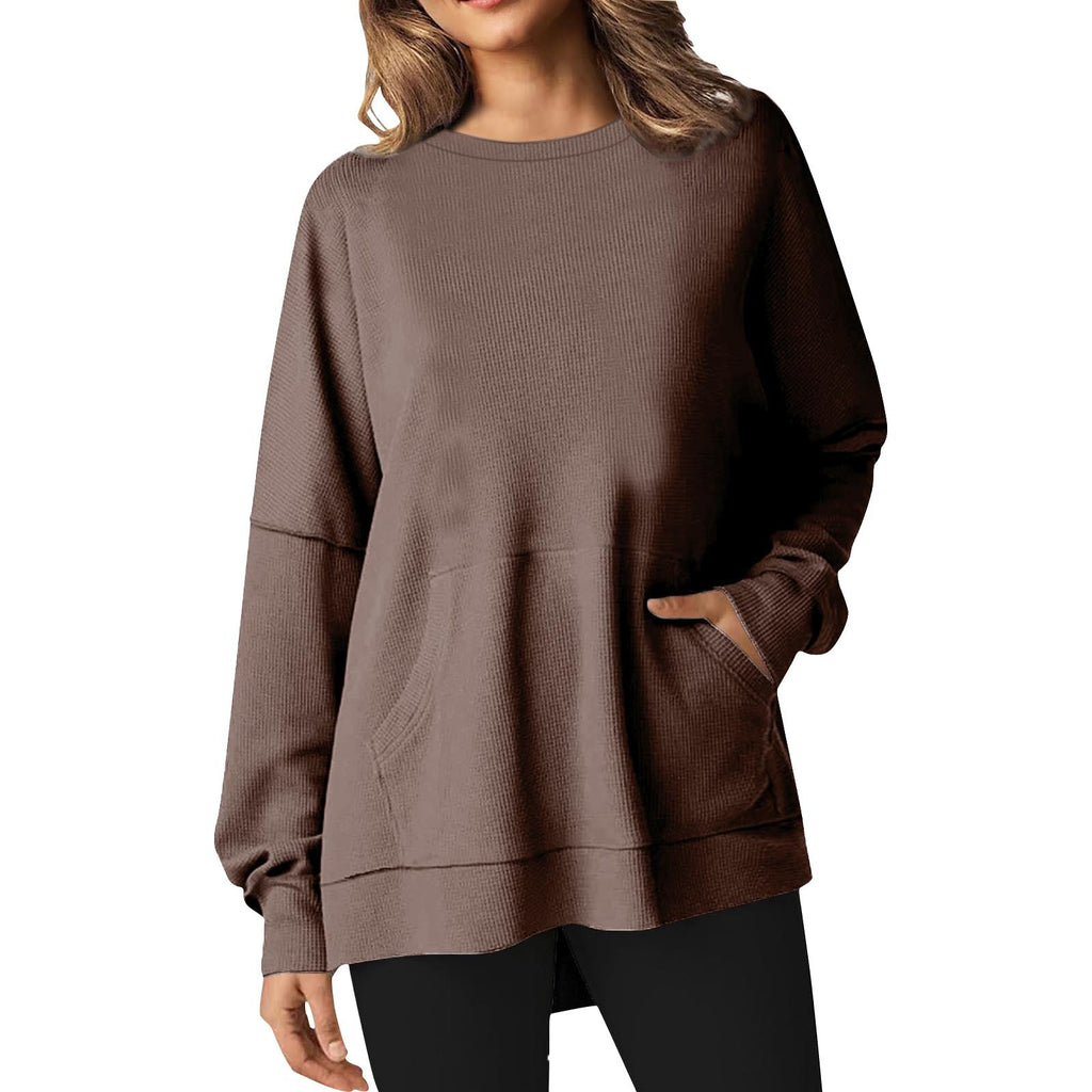 Longline Crewneck Sweatshirt With Slant Pockets - Brown