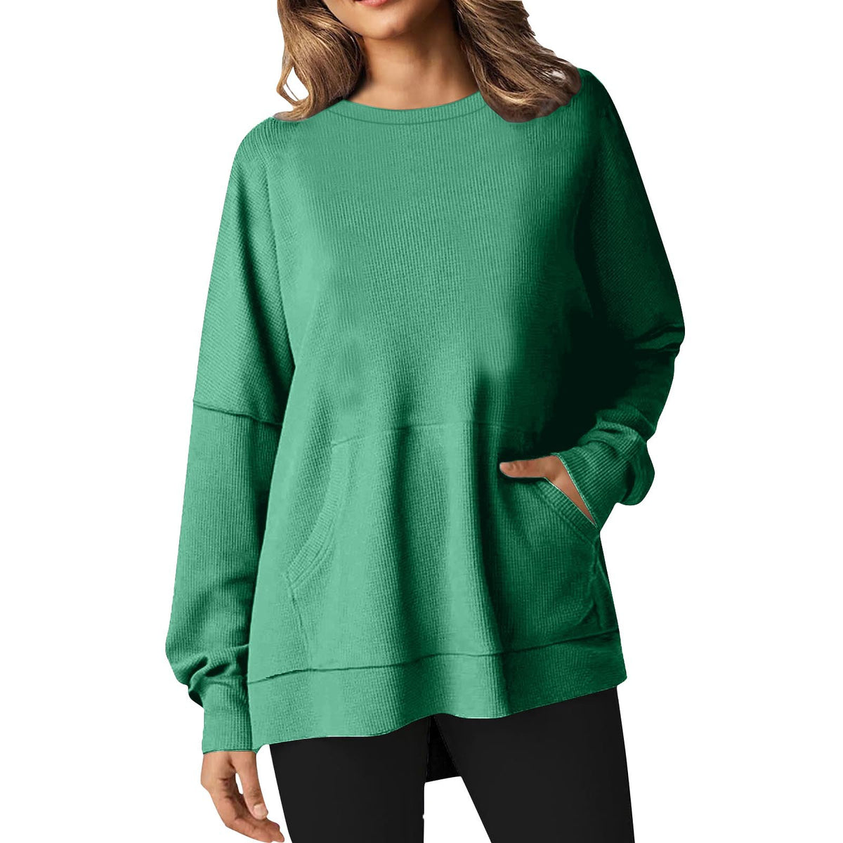 Longline Crewneck Sweatshirt With Slant Pockets - Green