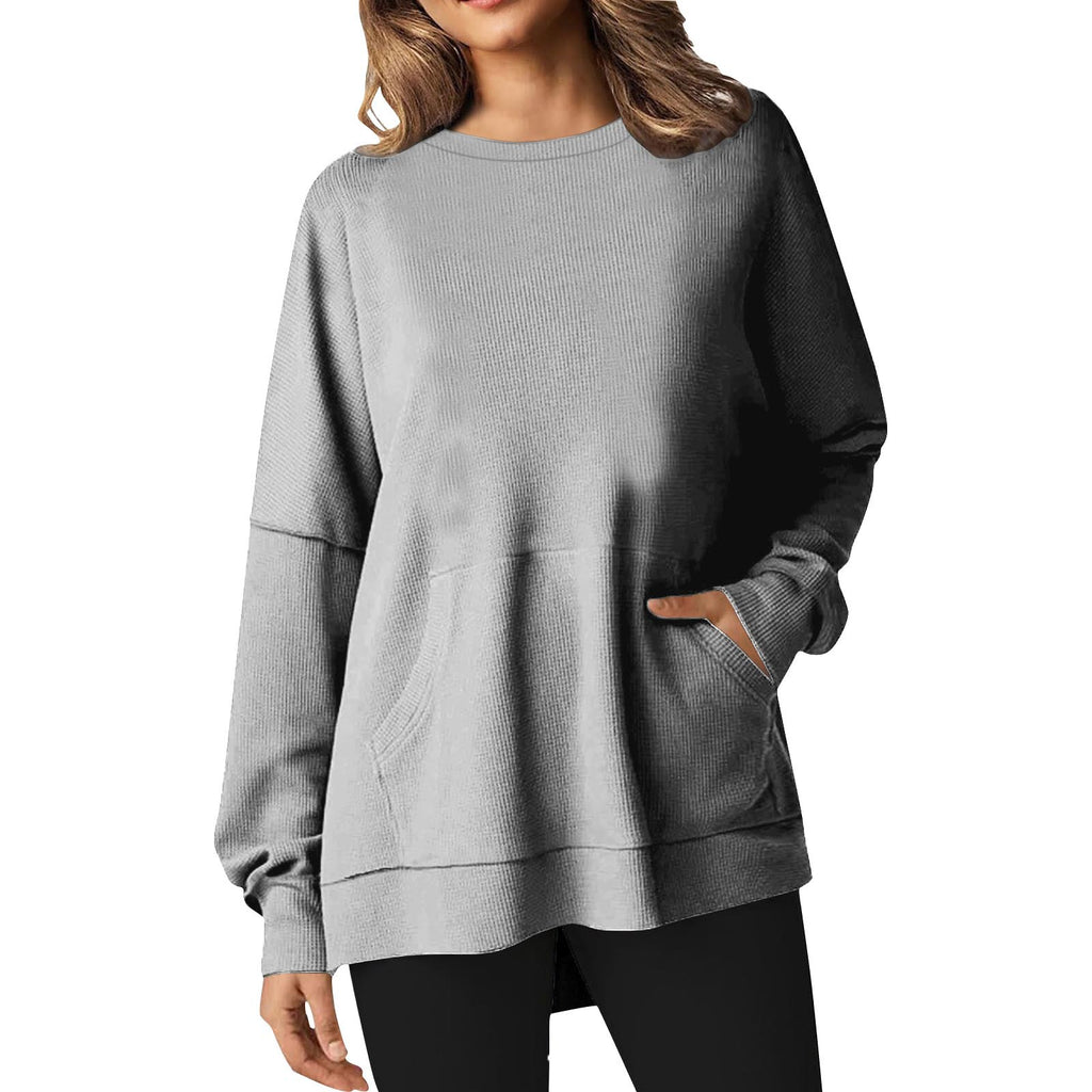 Longline Crewneck Sweatshirt With Slant Pockets - Grey