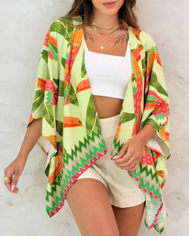 Printed Open Front Kimono Cardigan - Green