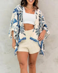Printed Open Front Kimono Cardigan - TBlue