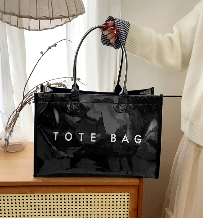 Glossy Jelly Tote Bag With Inner Pouch - Black - 10