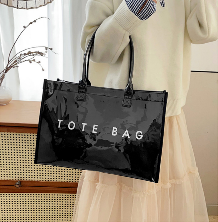 Glossy Jelly Tote Bag With Inner Pouch - Black - 3