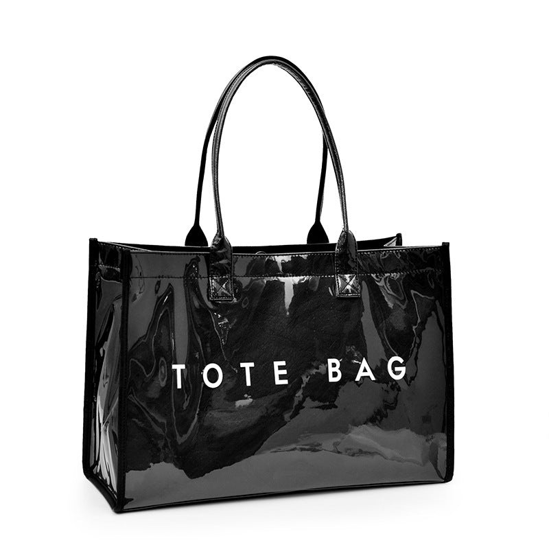 Glossy Jelly Tote Bag With Inner Pouch - Black - 6