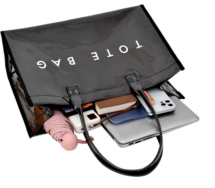 Glossy Jelly Tote Bag With Inner Pouch - Black - 7