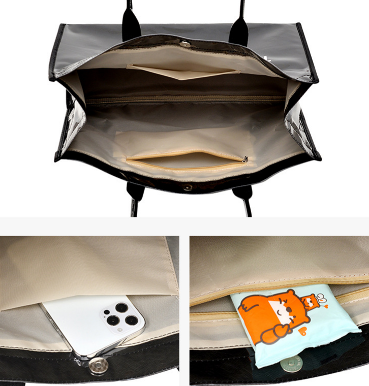 Glossy Jelly Tote Bag With Inner Pouch - Black - 9