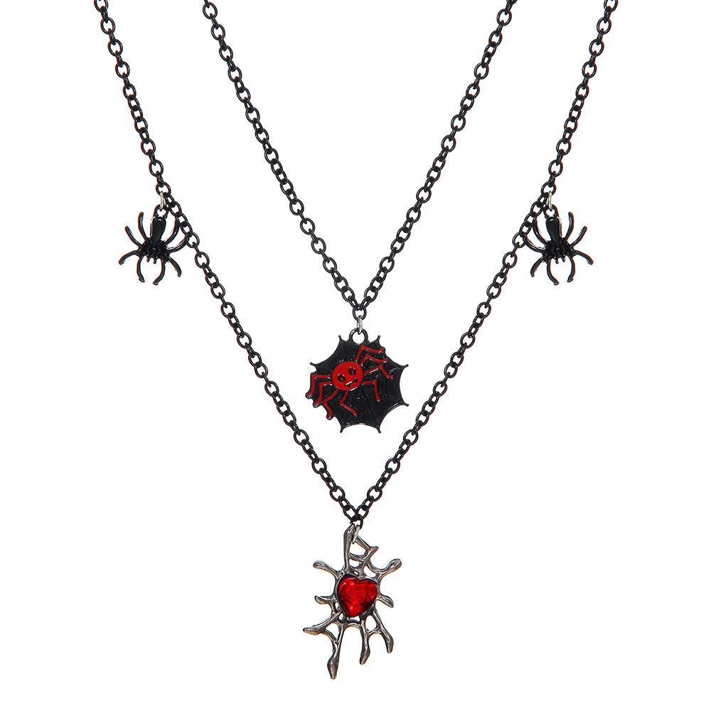 Layered Black Chain Spider Web Pendant Necklace - Color