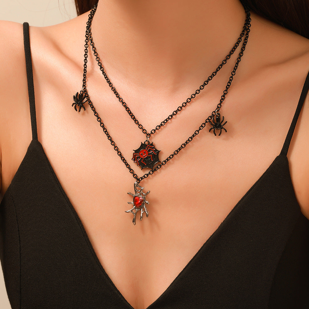 Layered Black Chain Spider Web Pendant Necklace