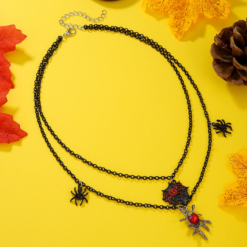 Layered Black Chain Spider Web Pendant Necklace - view 1