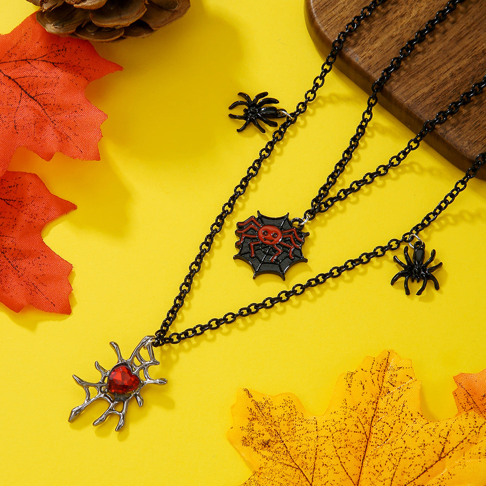 Layered Black Chain Spider Web Pendant Necklace - view 2