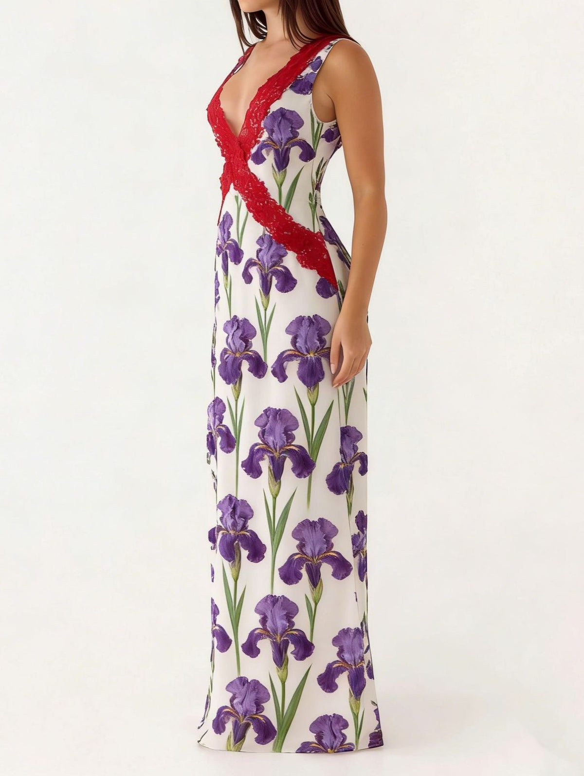 Lace Trim Floral V-Neck Maxi Dress - Purple