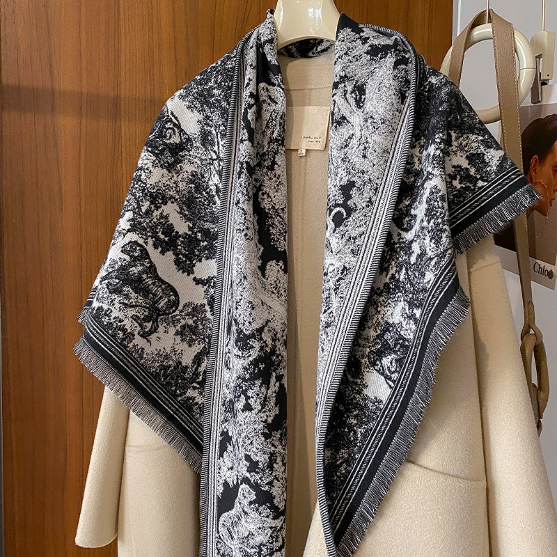 Toile Jungle Print Fringed Triangle Scarf - Black