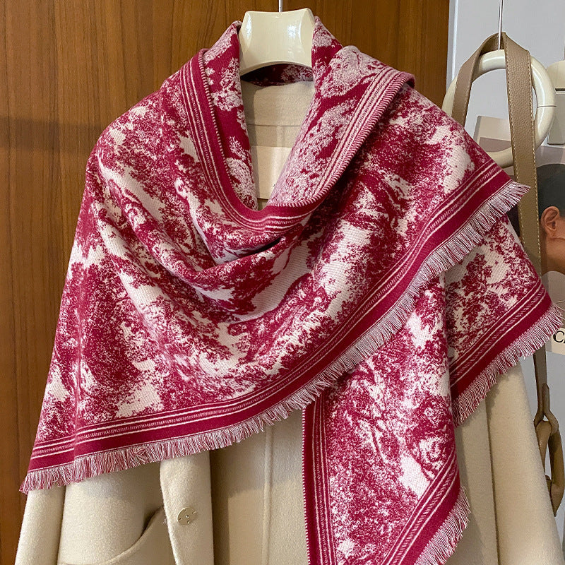 Toile Jungle Print Fringed Triangle Scarf - Red