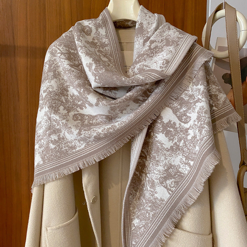 Toile Jungle Print Fringed Triangle Scarf - Tan
