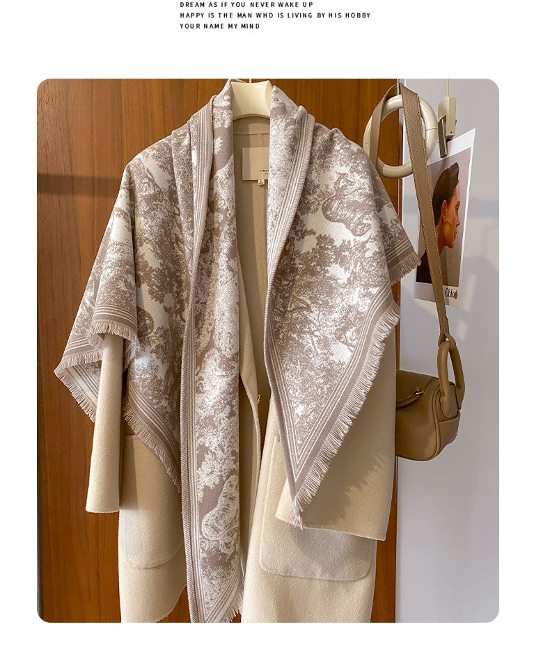 Toile Jungle Print Fringed Triangle Scarf - Tan - 1