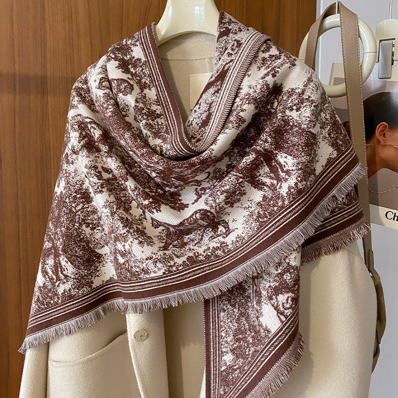 Toile Jungle Print Fringed Triangle Scarf - coffee