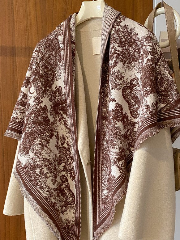 Toile Jungle Print Fringed Triangle Scarf - coffee - 1