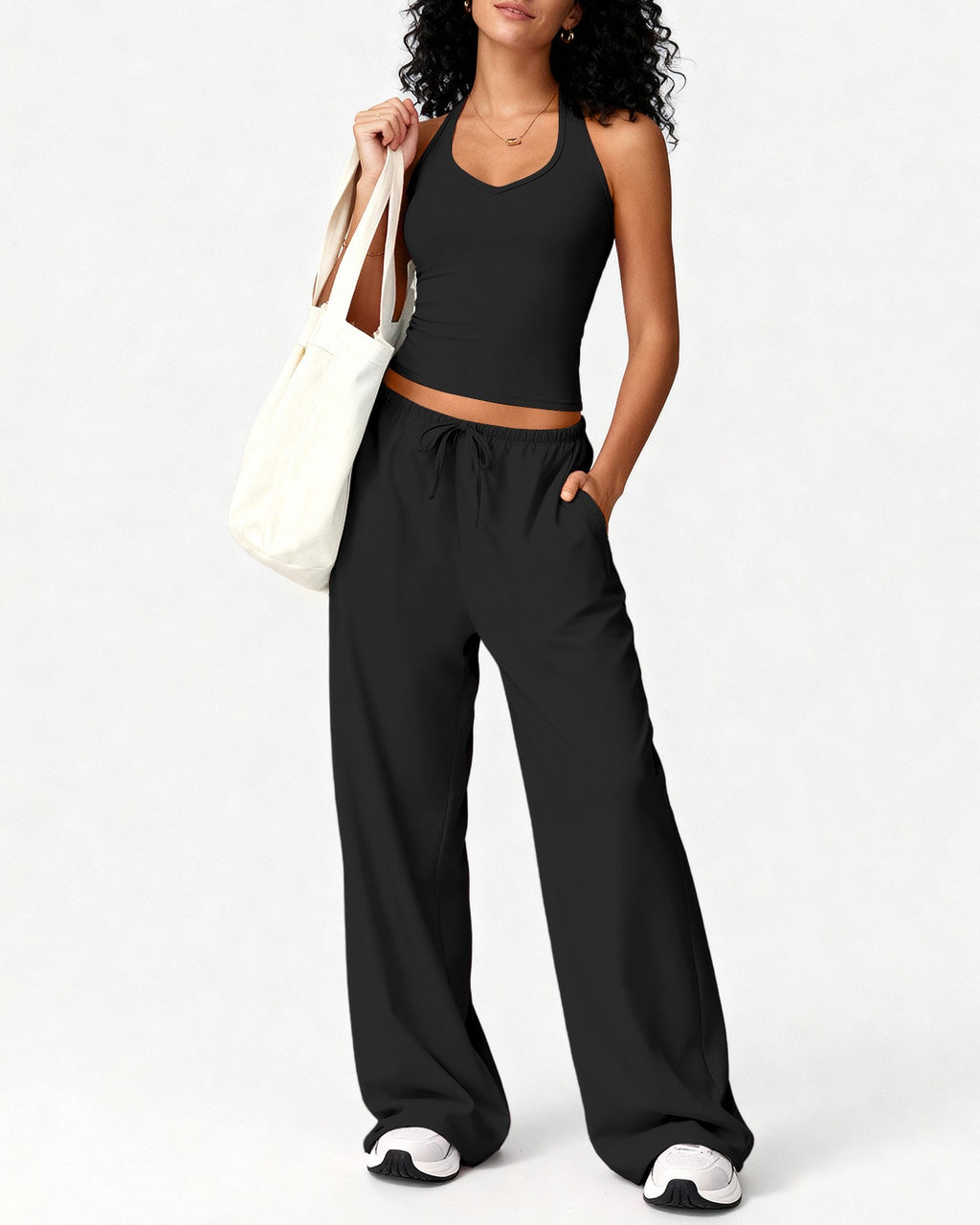 Brushed Halter Tank and Wide Leg Pants Yoga Set - Black