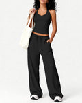 Brushed Halter Tank and Wide Leg Pants Yoga Set - Black