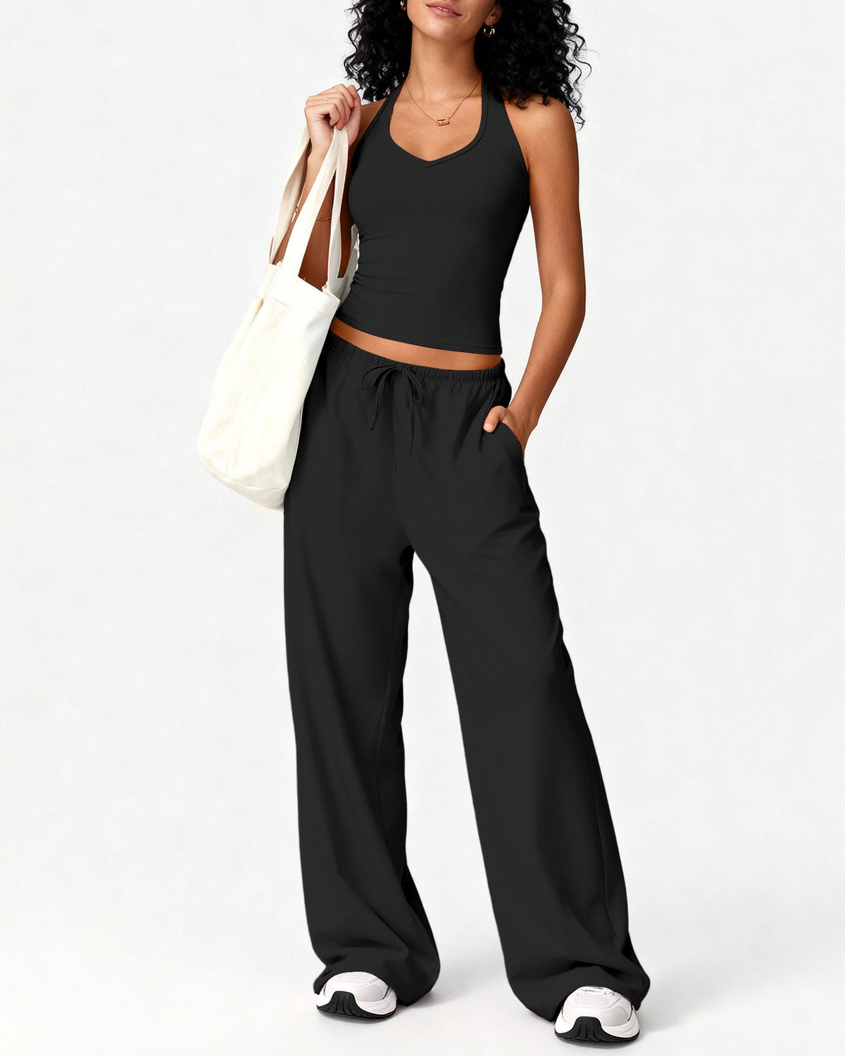 Brushed Halter Tank and Wide Leg Pants Yoga Set - Black