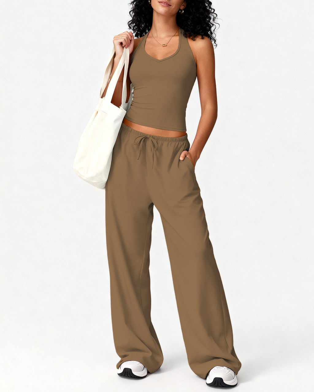 Brushed Halter Tank and Wide Leg Pants Yoga Set - Mocha
