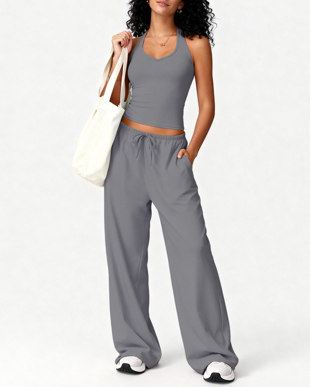 Brushed Halter Tank and Wide Leg Pants Yoga Set - Smoke Gray