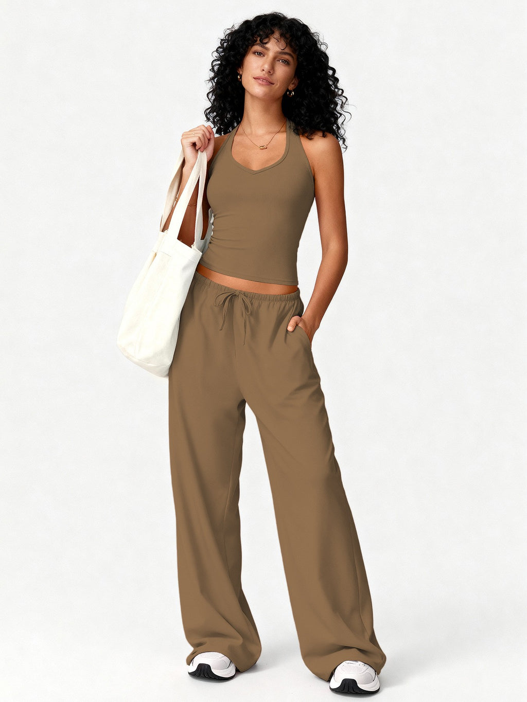 Brushed Halter Tank and Wide Leg Pants Yoga Set