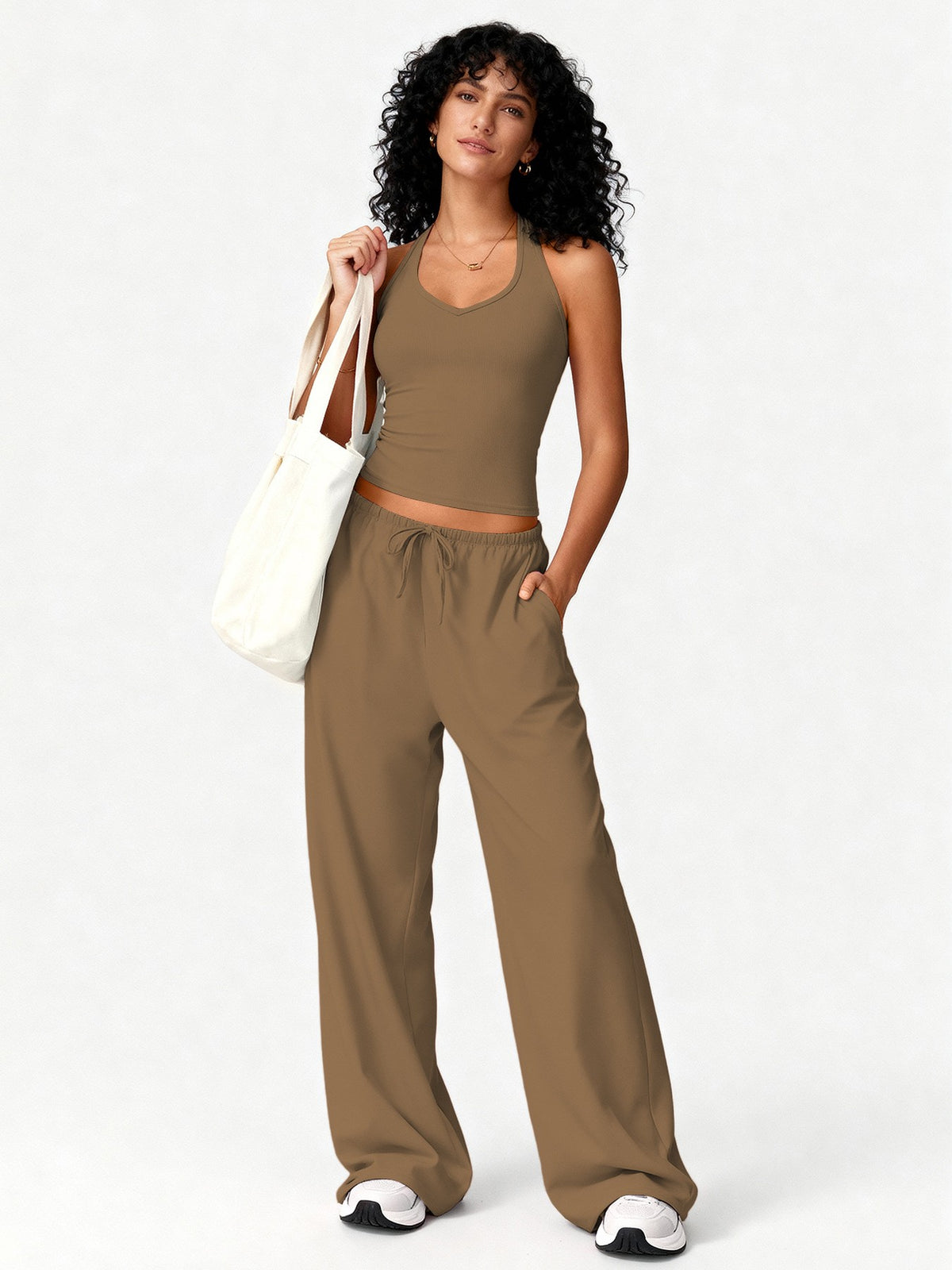 Brushed Halter Tank and Wide Leg Pants Yoga Set