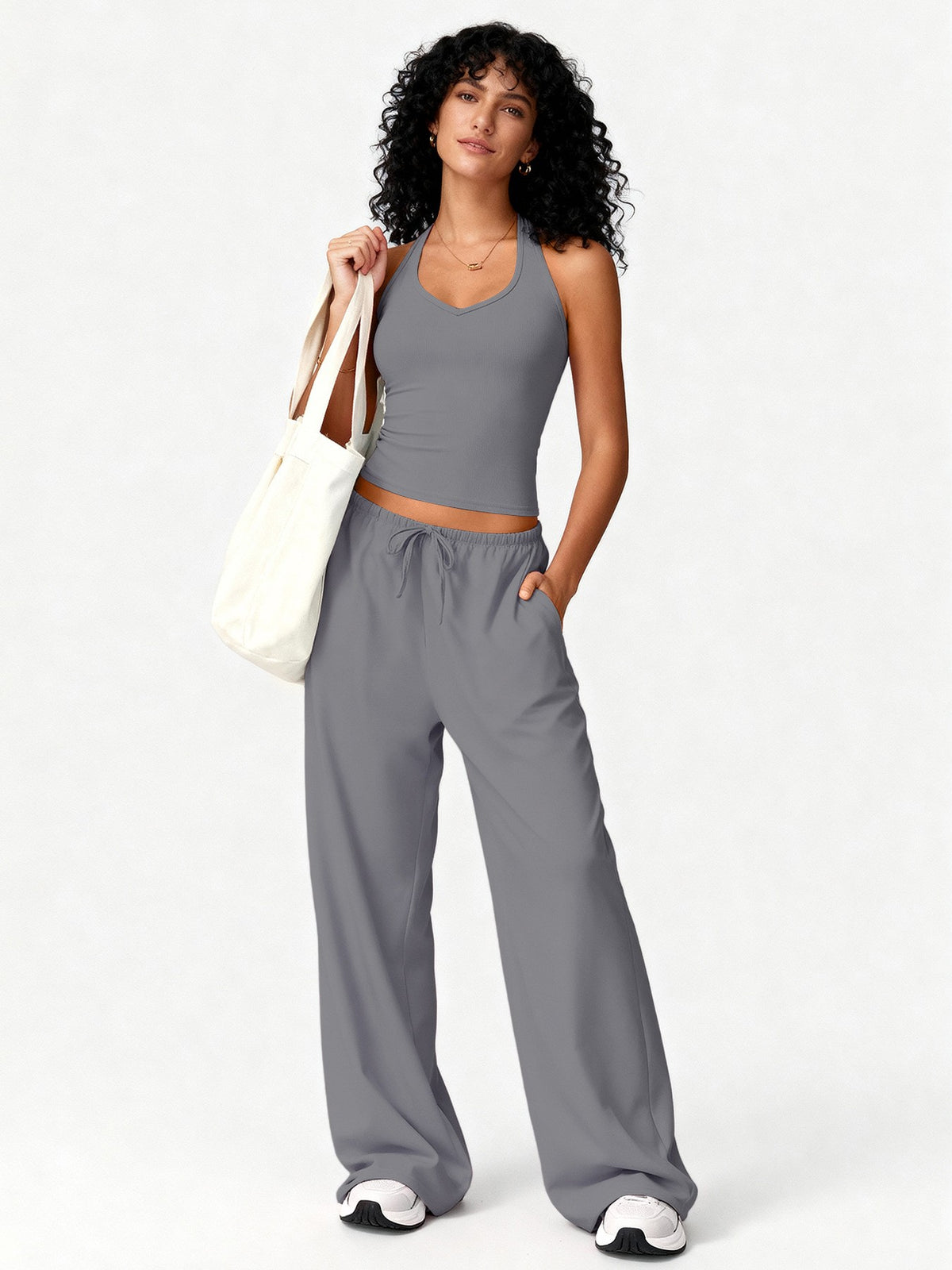 Brushed Halter Tank and Wide Leg Pants Yoga Set