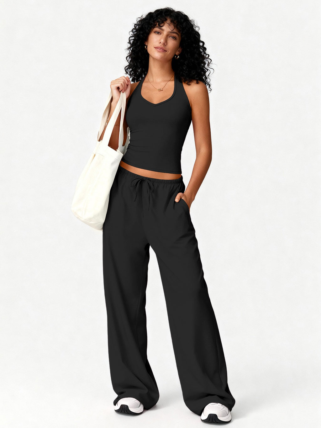 Brushed Halter Tank and Wide Leg Pants Yoga Set
