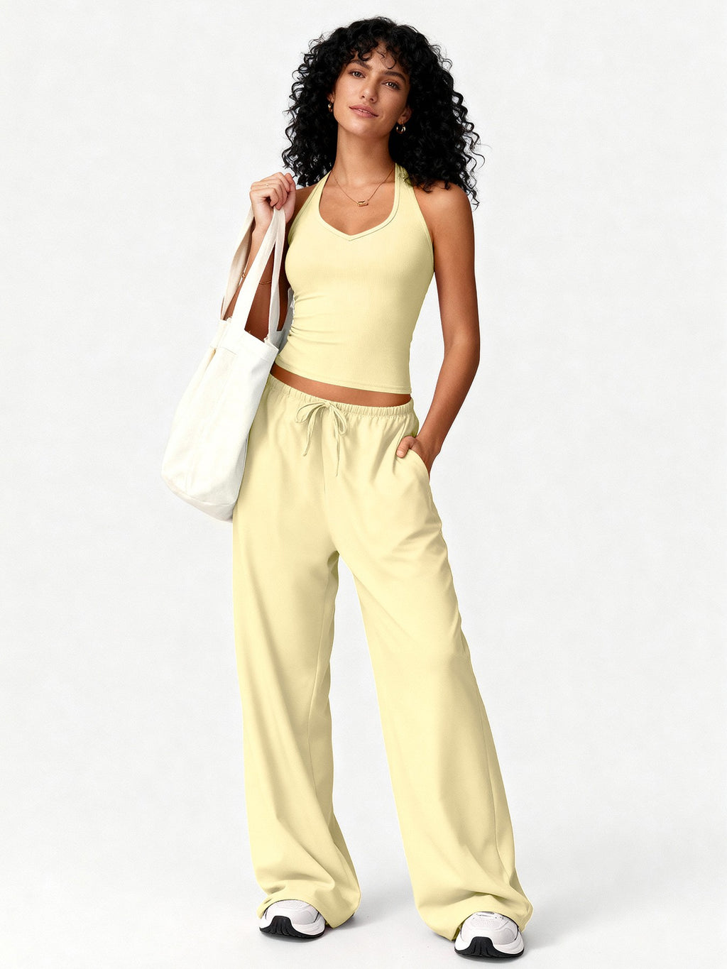 Brushed Halter Tank and Wide Leg Pants Yoga Set