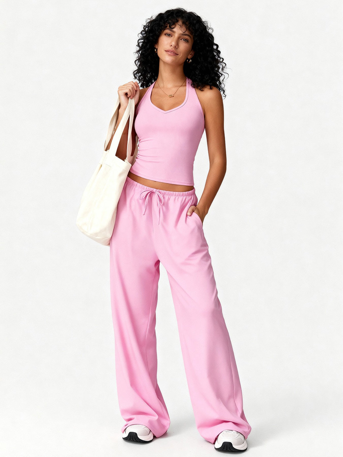 Brushed Halter Tank and Wide Leg Pants Yoga Set