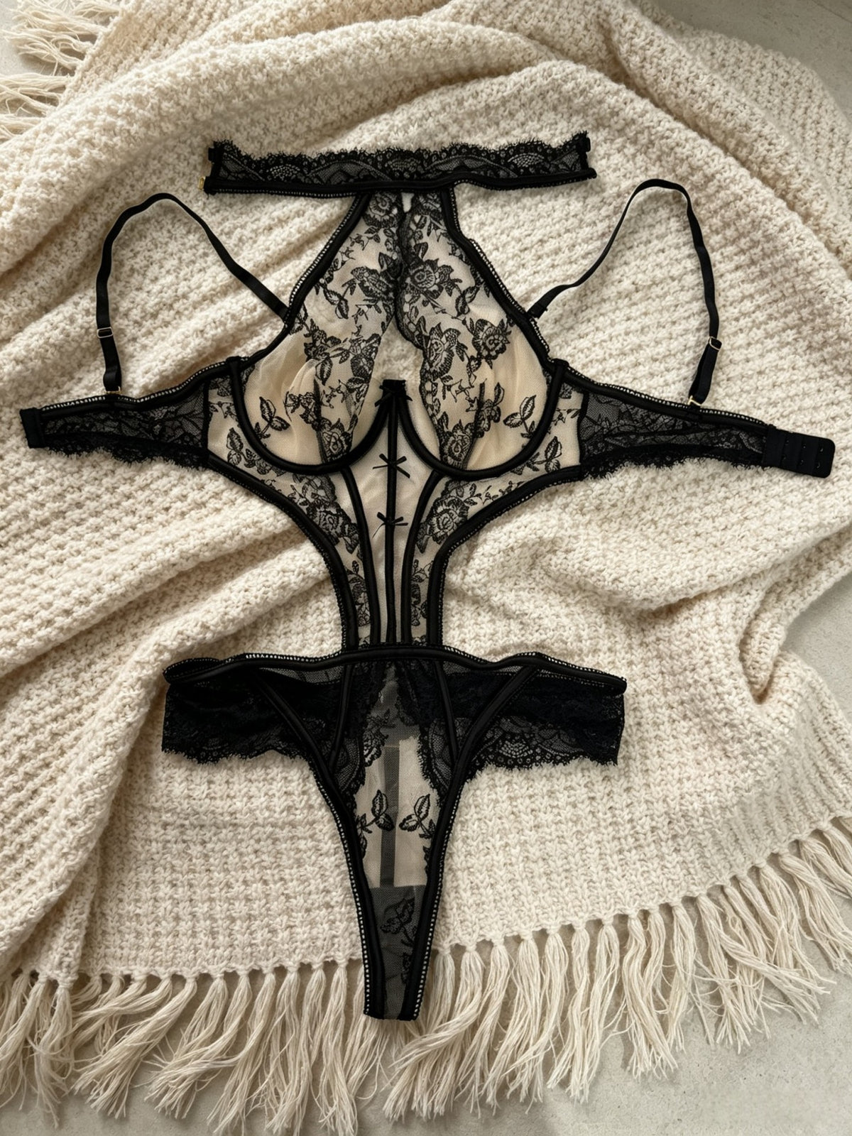 Floral Lace Halter Underwire Cutout Teddy Bodysuit - Black