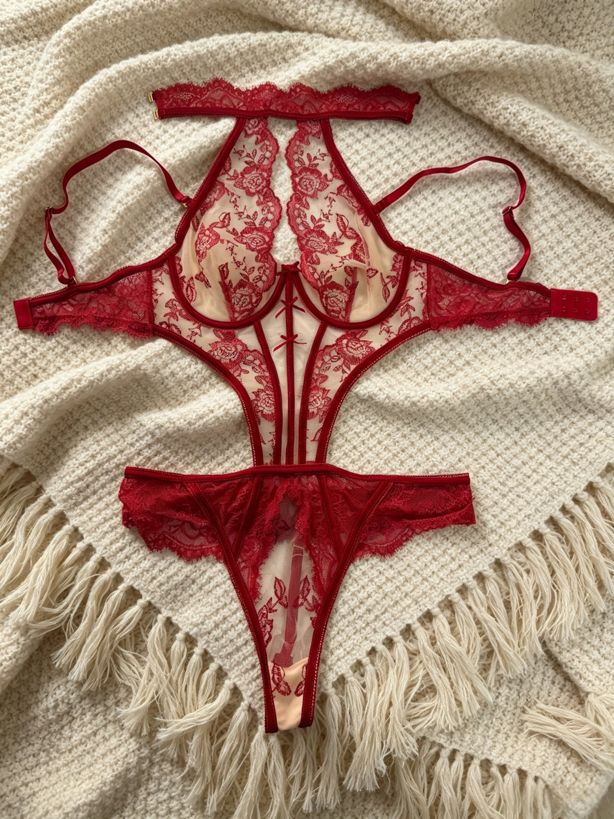 Floral Lace Halter Underwire Cutout Teddy Bodysuit - Red