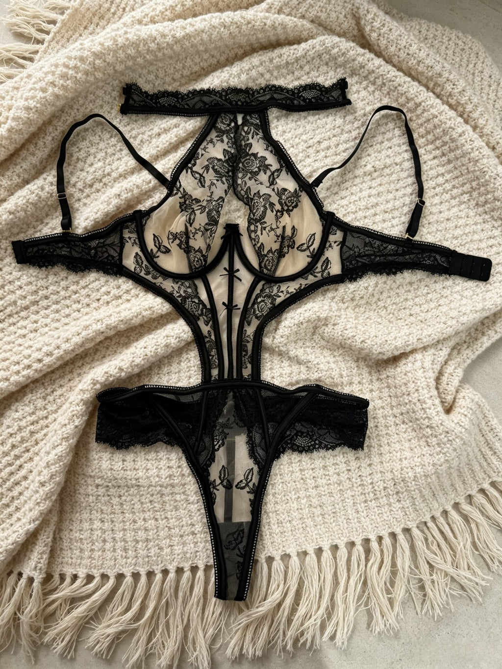 Floral Lace Halter Underwire Cutout Teddy Bodysuit