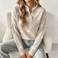Ruffle Neck Heart Motif Knit Pullover - Khaki