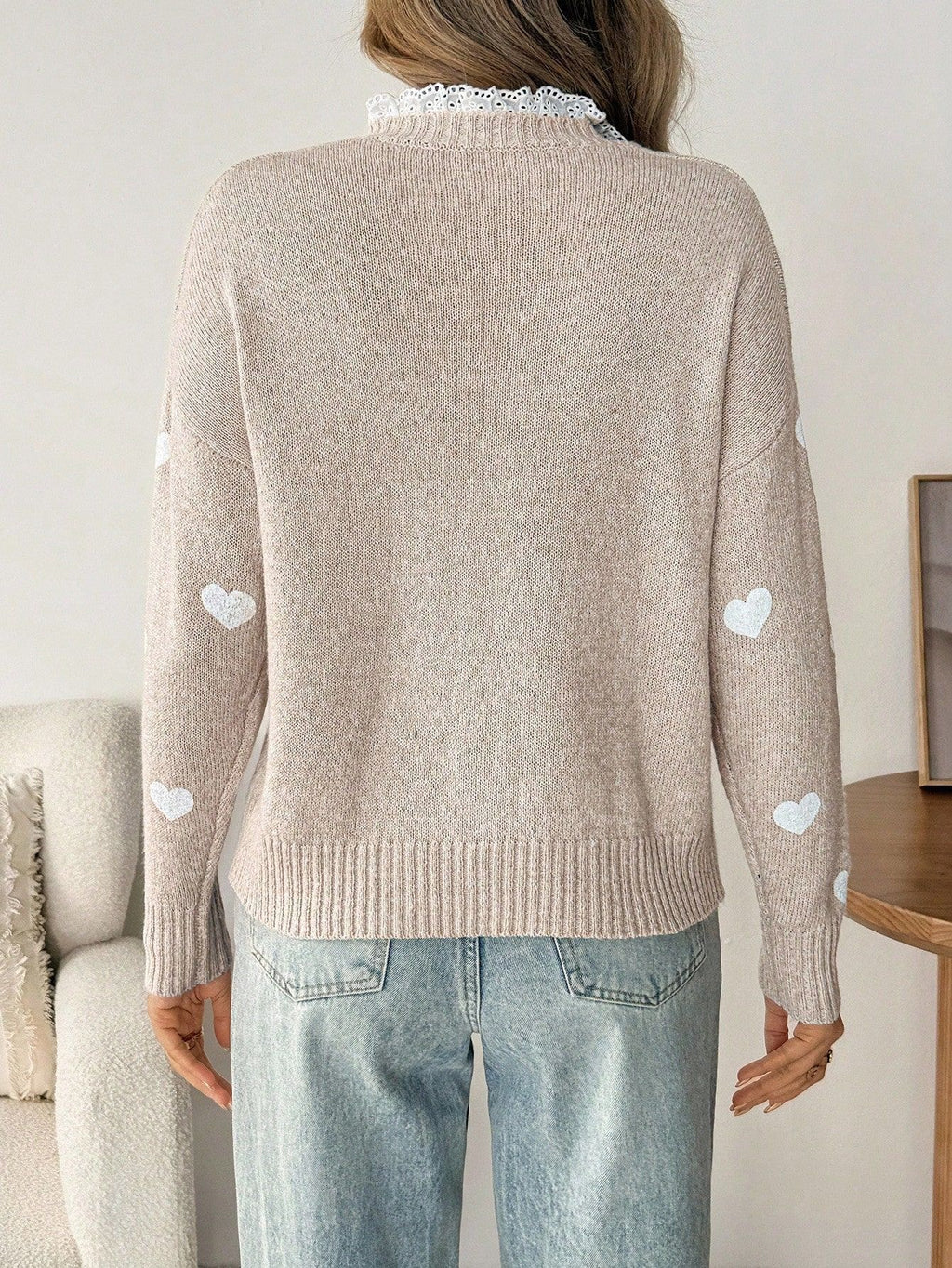 Ruffle Neck Heart Motif Knit Pullover - Khaki - 2