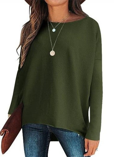 Slouchy Drop Shoulder Long Sleeve Knit Tee - Green