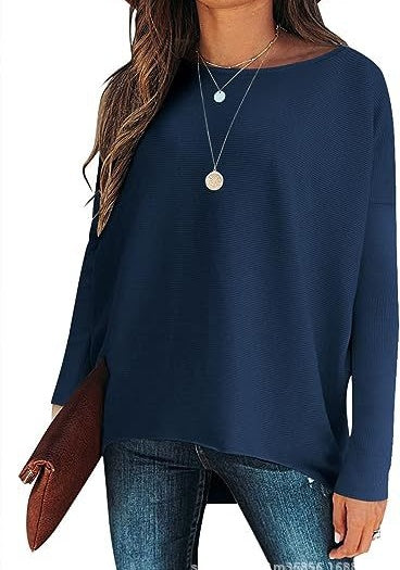 Slouchy Drop Shoulder Long Sleeve Knit Tee - NavyBlue