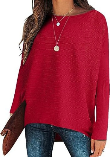 Slouchy Drop Shoulder Long Sleeve Knit Tee - Red