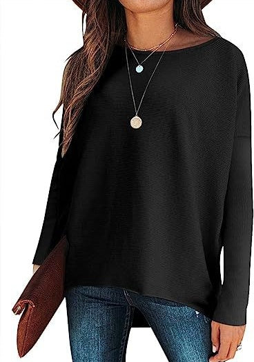 Slouchy Drop Shoulder Long Sleeve Knit Tee - black