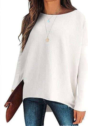 Slouchy Drop Shoulder Long Sleeve Knit Tee - white