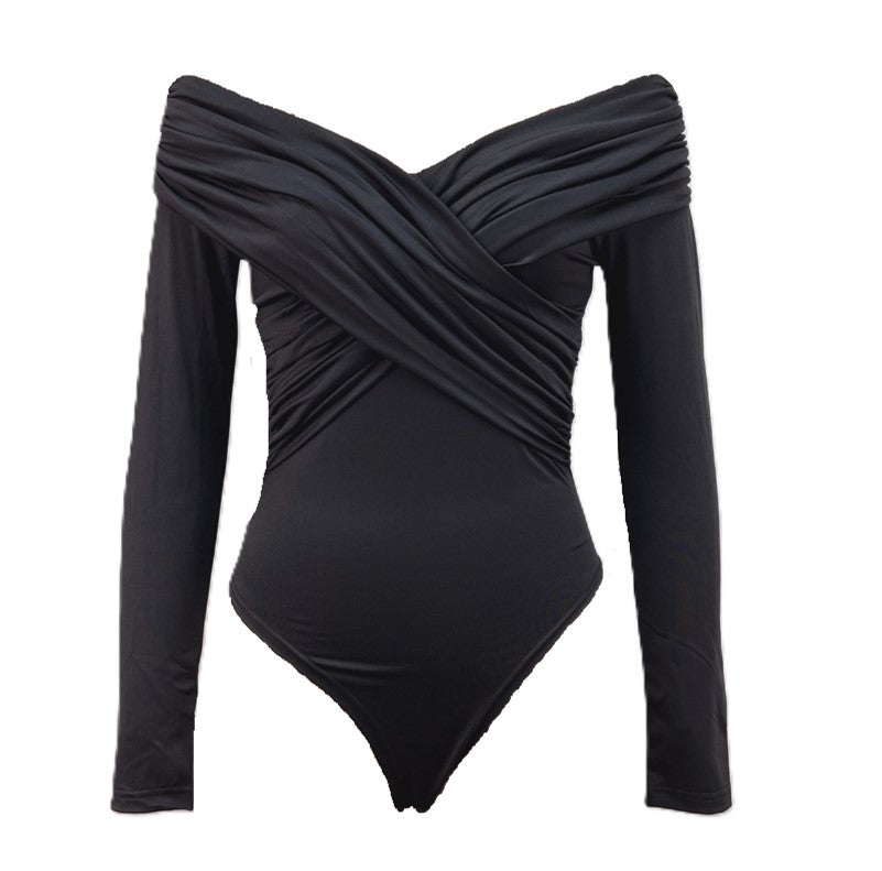Off Shoulder Ruched Wrap Bodysuit - Black