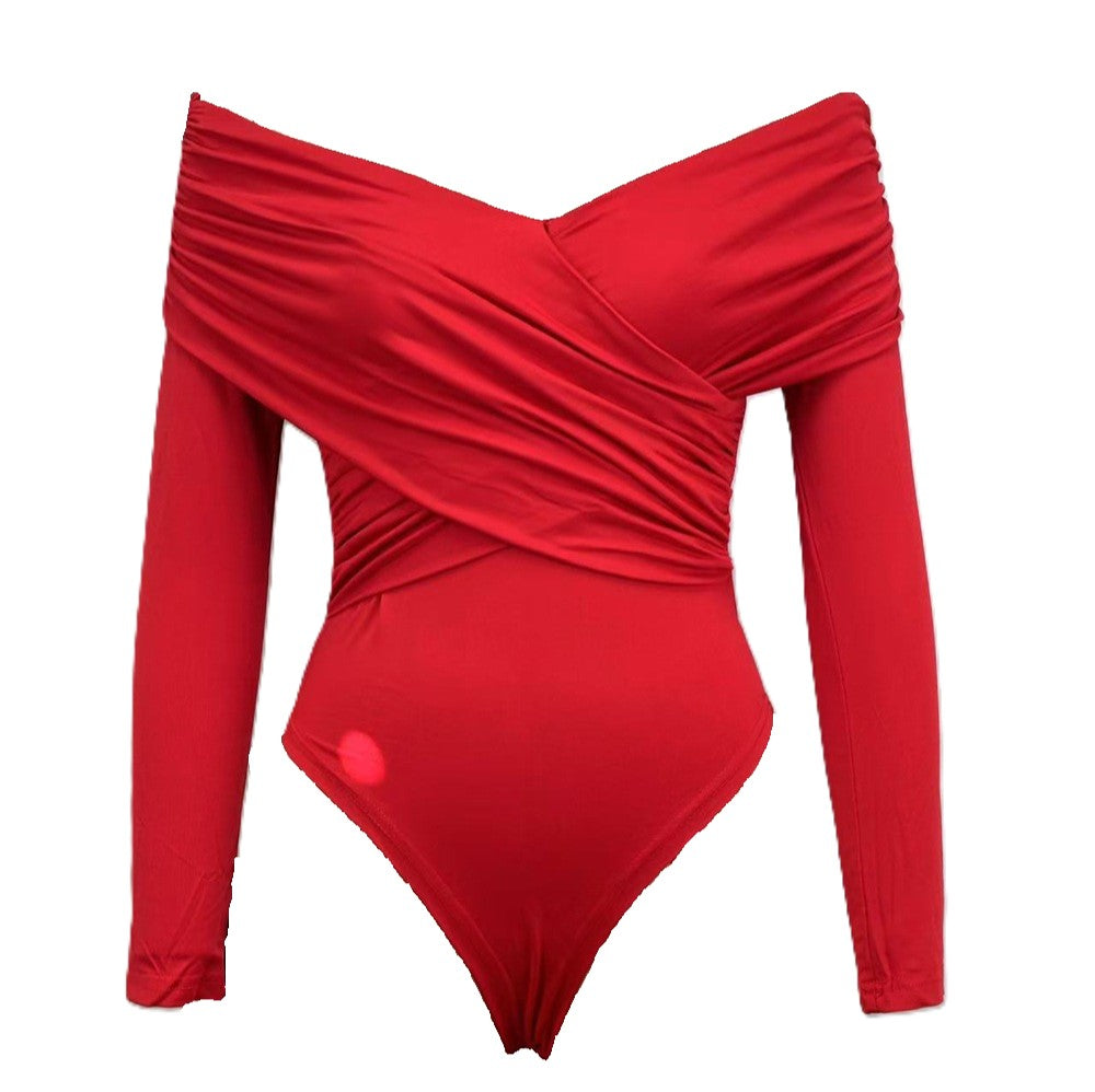 Off Shoulder Ruched Wrap Bodysuit - Red