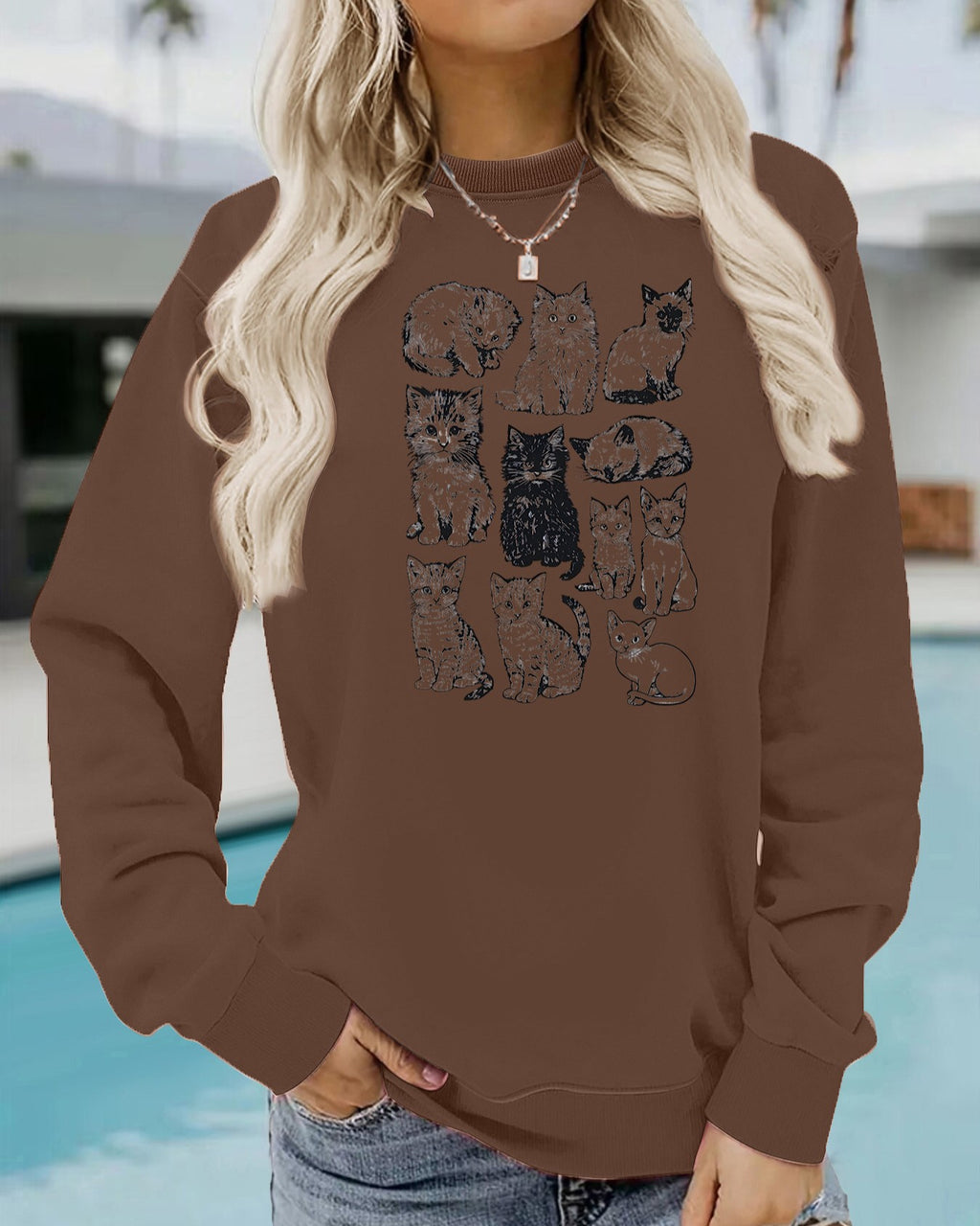 Sketched Cat Graphic Crewneck Sweatshirt - Coffee